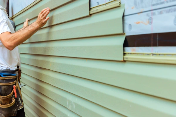 Contractor installing horizontal siding panels during a residential siding project.