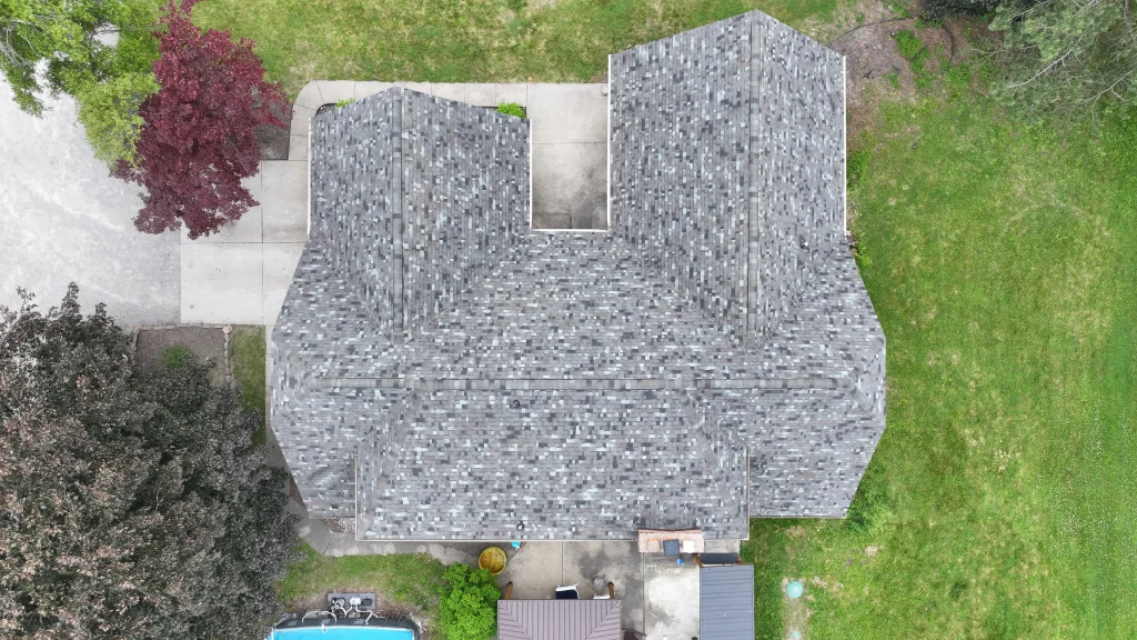 Overhead view of a newly installed architectural shingle roof